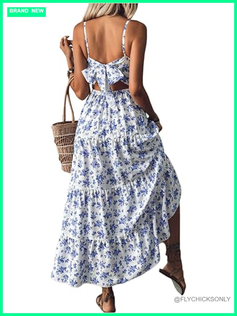 Floral Bowknot Back Cami Maxi Dress Sleeveless Ruffle Tiered